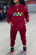 Burgundy Street Print Letter O Neck Long Sleeve Two Pieces