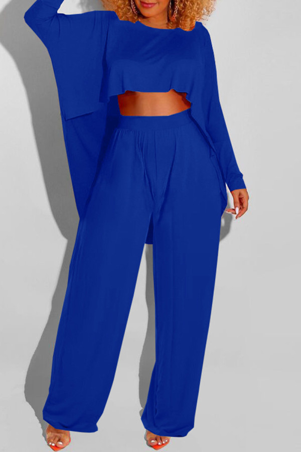 Blue Fashion Casual Solid Asymmetrical O Neck Long Sleeve Two Pieces