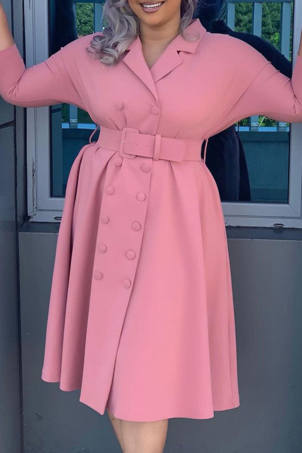 Pink Casual Solid Patchwork Buckle Turn-back Collar A Line Dresses