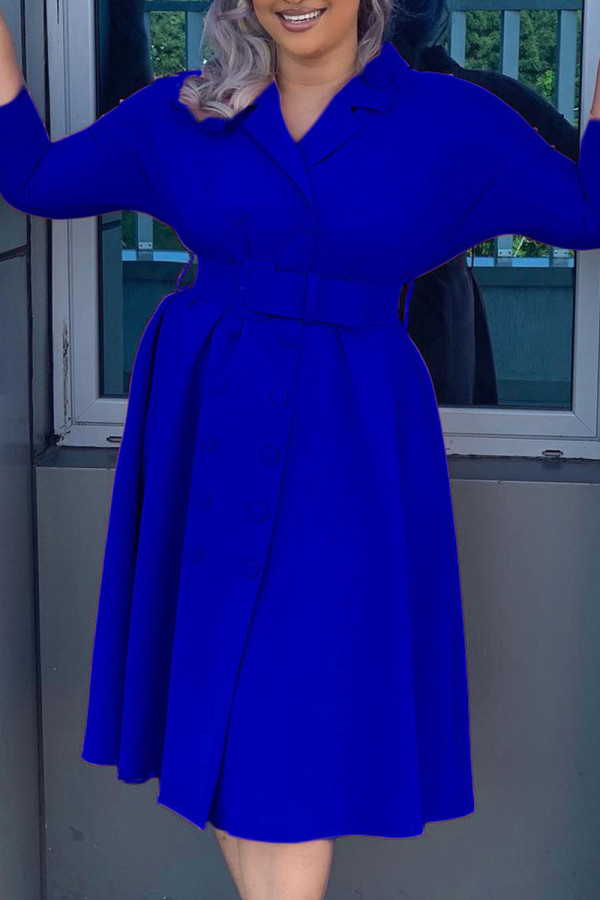 Blue Casual Solid Patchwork Buckle Turn-back Collar A Line Dresses