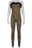 Brown Fashion Sexy Print Leopard Patchwork Backless Strapless Skinny Jumpsuits