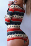 Red Fashion Casual Print Basic V Neck Long Sleeve Skinny Romper