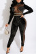 Black Fashion Sexy Patchwork Hot Drilling Patchwork Turtleneck Skinny Jumpsuits