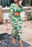 Green Fashion Casual Print Basic Zipper Collar Two Pieces
