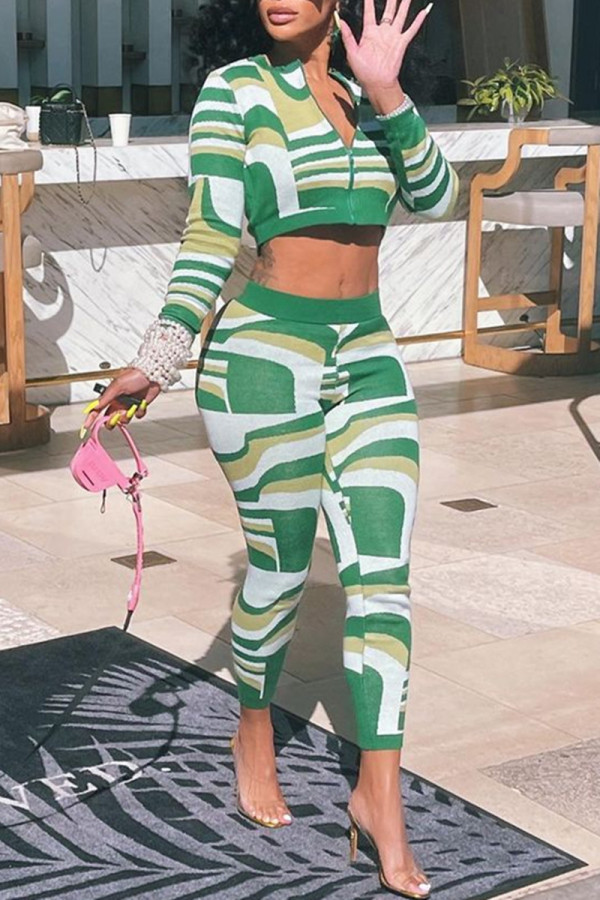Green Fashion Casual Print Basic Zipper Collar Two Pieces