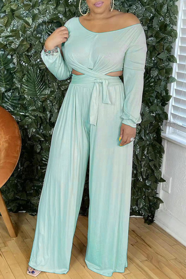 Sky Blue Casual Solid Bandage Patchwork O Neck Long Sleeve Two Pieces