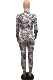 Leopard Print Sexy Print Patchwork Zipper Long Sleeve Two Pieces