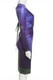 Purple Fashion Sexy Print Basic V Neck Long Sleeve Dresses