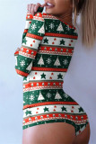 Red Fashion Casual Print Basic V Neck Long Sleeve Skinny Romper