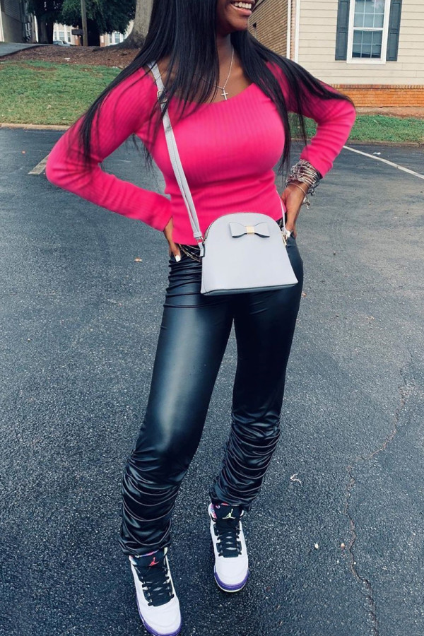 Black Fashion Casual Solid Fold O Neck Long Sleeve Two Pieces