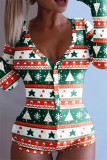 Red Fashion Casual Print Basic V Neck Long Sleeve Skinny Romper