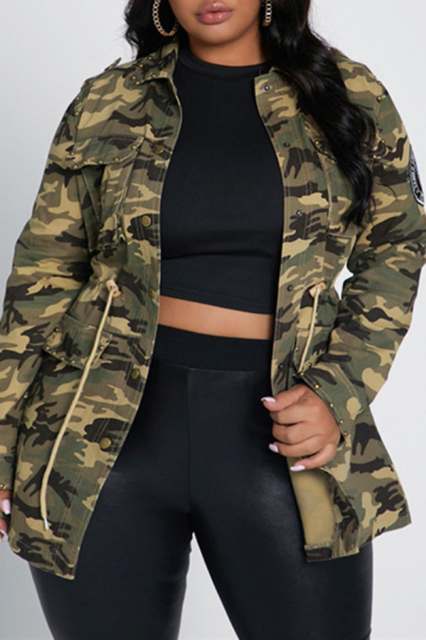 Camouflage Fashion Casual Camouflage Print Patchwork Turndown Collar Outerwear
