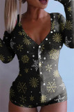 Red Fashion Casual Print Basic V Neck Long Sleeve Skinny Romper