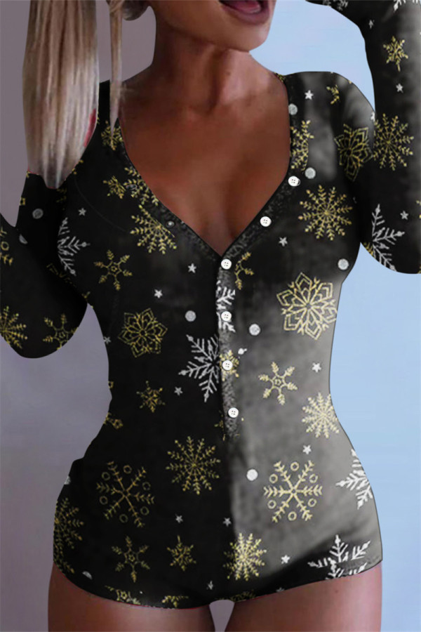 Black Gold Fashion Casual Print Basic V Neck Long Sleeve Skinny Romper