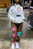 White Fashion Casual Print Basic Hooded Collar Tops
