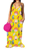 Yellow Fashion Casual adult White Orange Yellow cartoon Spaghetti Strap Sleeveless V Neck Swagger Floor-Length Print Patchwork Ombre Tie and dye Dresses