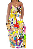 Yellow Fashion Casual adult White Orange Yellow cartoon Spaghetti Strap Sleeveless V Neck Swagger Floor-Length Print Patchwork Ombre Tie and dye Dresses