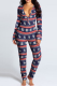 Blue Party Vintage Print Patchwork V Neck Skinny Jumpsuits
