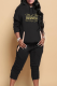 Black Casual Print Draw String Hooded Collar Long Sleeve Two Pieces