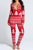 Red Party Vintage Print Patchwork V Neck Skinny Jumpsuits