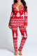 Red Party Vintage Print Patchwork V Neck Skinny Jumpsuits