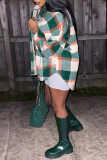 Green Fashion Casual Plaid Print Cardigan Turndown Collar Outerwear
