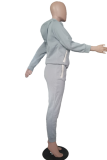 Grey Casual Print Draw String Hooded Collar Long Sleeve Two Pieces