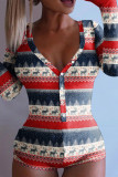 Red Fashion Casual Print Basic V Neck Long Sleeve Skinny Romper
