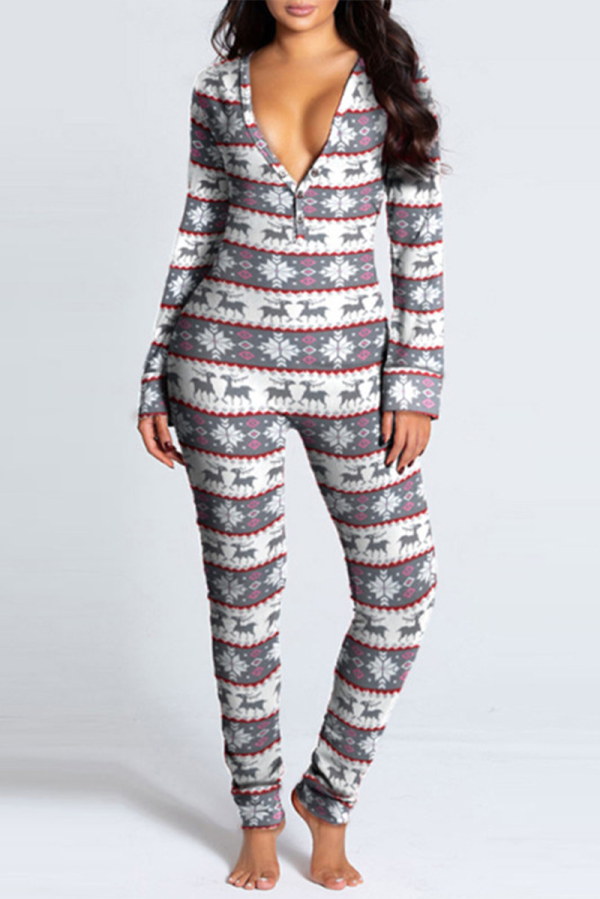 Grey Party Vintage Print Patchwork V Neck Skinny Jumpsuits