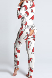 Red Party Vintage Print Patchwork V Neck Skinny Jumpsuits
