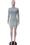 Grey Sexy Solid Split Joint Buttons O Neck Pencil Skirt Dresses
