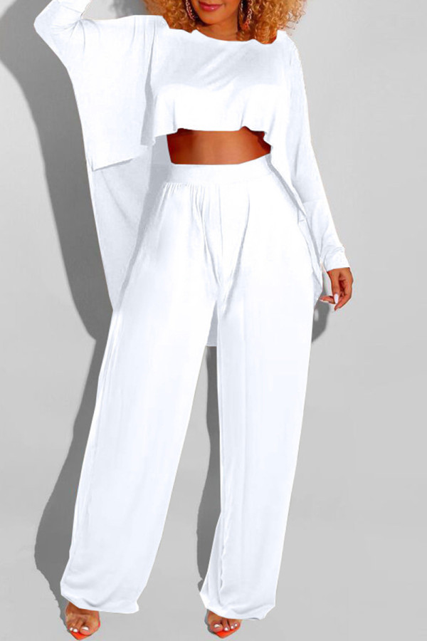 White Fashion Casual Solid Asymmetrical O Neck Long Sleeve Two Pieces
