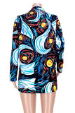 Blue Casual Print Split Joint Buttons Turn-back Collar Outerwear