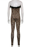 Brown Fashion Sexy Print Leopard Patchwork Backless Strapless Skinny Jumpsuits