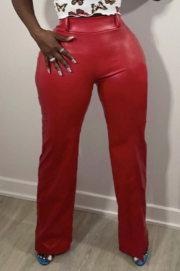 Red Solid Split Joint Straight High Waist Straight Solid Color Bottoms