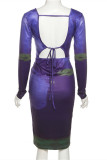 Purple Fashion Sexy Print Basic V Neck Long Sleeve Dresses