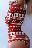 Red Fashion Casual Print Basic V Neck Long Sleeve Skinny Romper