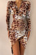 Leopard Print Sexy Print Patchwork Fold Asymmetrical V Neck Irregular Dress Dresses