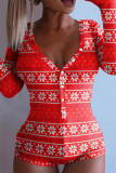 Red Fashion Casual Print Basic V Neck Long Sleeve Skinny Romper