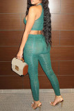 Green Fashion Sexy Patchwork See-through Vests Pants O Neck Sleeveless Two Pieces