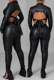Burgundy Sexy Solid Patchwork Buckle Slit Asymmetrical Turndown Collar Long Sleeve Two Pieces