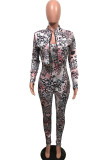 Leopard Print Sexy Print Patchwork Zipper Long Sleeve Two Pieces