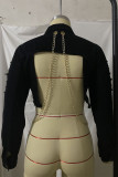 Black Fashion Casual Solid Split Joint Chains Turndown Collar Long Sleeve Regular Denim Jacket