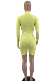 Yellow Casual Sportswear Solid Embroidered Patchwork Zipper Zipper Collar Regular Rompers