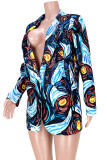 Blue Casual Print Split Joint Buttons Turn-back Collar Outerwear