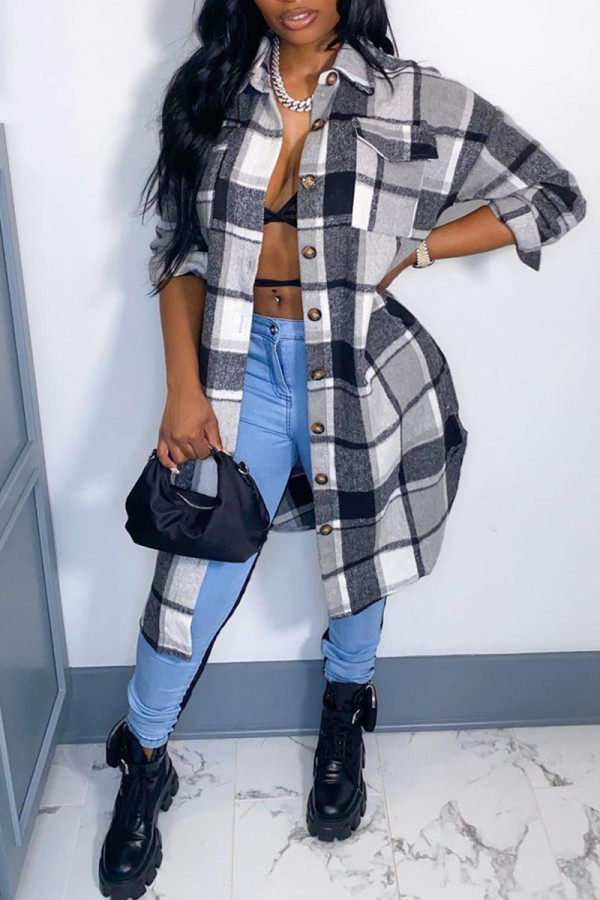 Grey Fashion Casual Plaid Cardigan Turndown Collar Outerwear