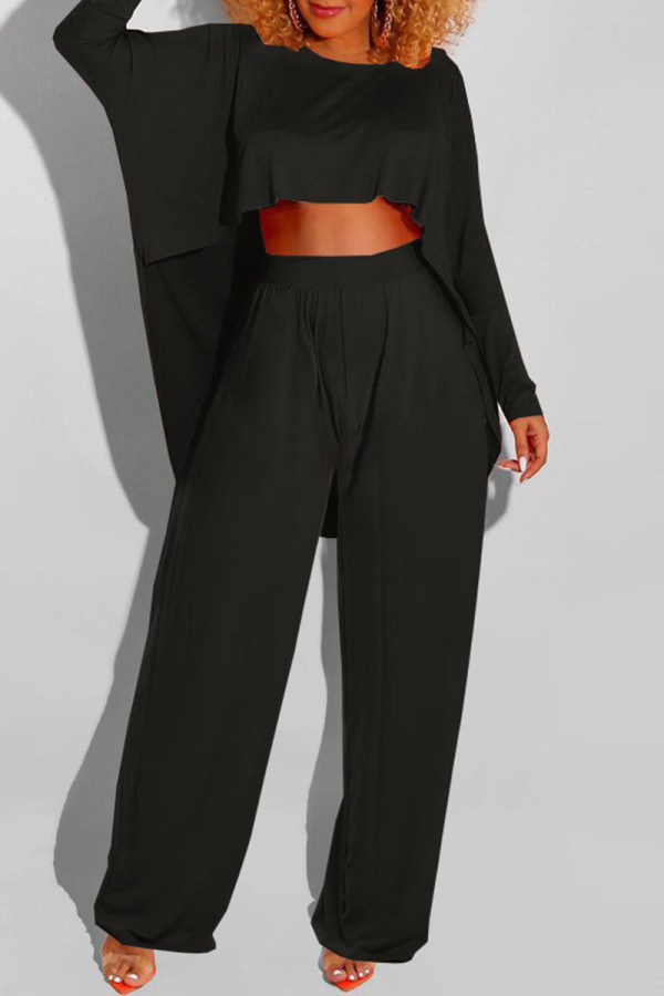 Black Fashion Casual Solid Asymmetrical O Neck Long Sleeve Two Pieces