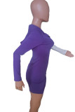 Purple Sexy Print Split Joint Zipper Hooded Collar One Step Skirt Dresses