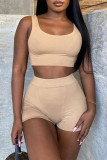 Brown Casual Sportswear Solid Vests U Neck Sleeveless Two Pieces