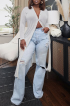 Gray White Fashion Casual Solid Cardigan V Neck Outerwear